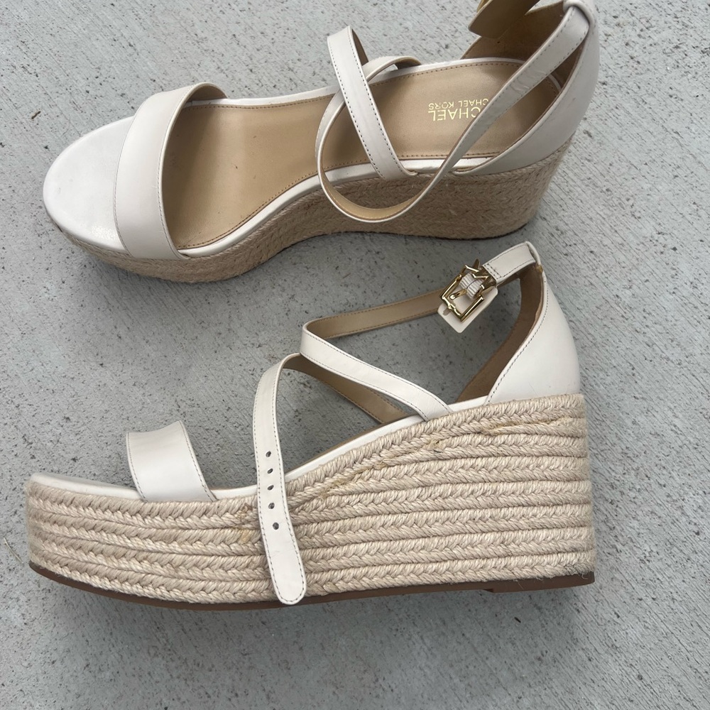 Michael Kors Cream Leather Ankle-Strap Espadrille Wedges